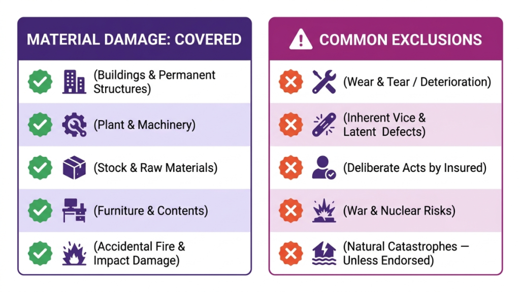 Material damage sections and exclusions